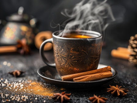 Cozy winter drink with steam and spicesの素材