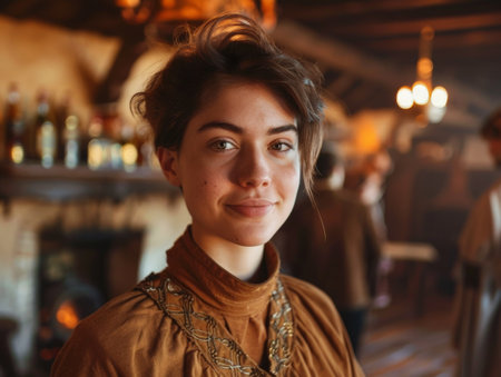 woman with warm expression in cozy cafe settingの素材