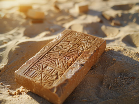 Carved wooden block with ancient symbolsの素材