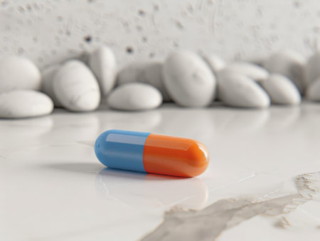 Colorful medication capsule on a white backgroundの素材