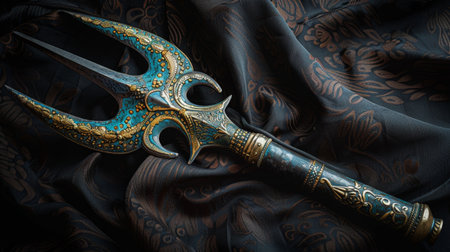 Ornate fantasy dagger on dark patterned fabricの素材