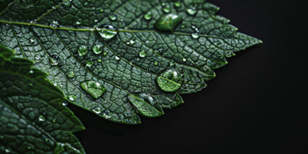 Macro shot of water droplets on green leafの素材