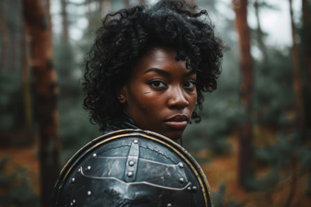 Fierce female warrior with curly hair holding shieldの素材