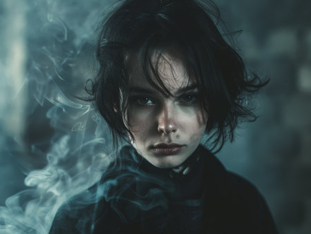 Mysterious woman with dark hair in smoky atmosphereの素材