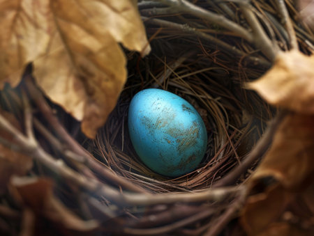 Vibrant blue speckled egg in a nestの素材