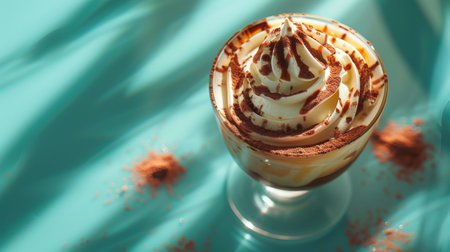 Delicious creamy dessert with whipped cream and chocolate shavingsの素材