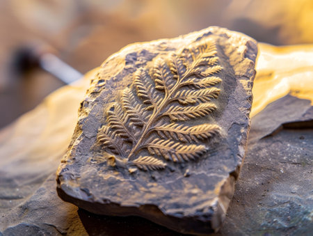 Fossilized fern leaf imprint on rockの素材