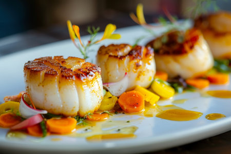 Seared scallops with roasted vegetables on a plateの素材