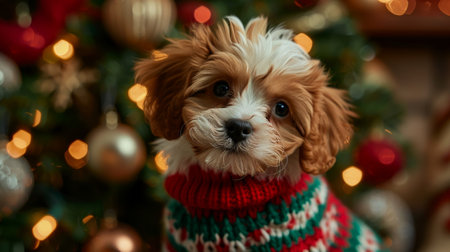 adorable puppy in festive sweaterの素材