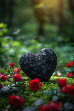 heart-shaped stone surrounded by red roses and mossの素材