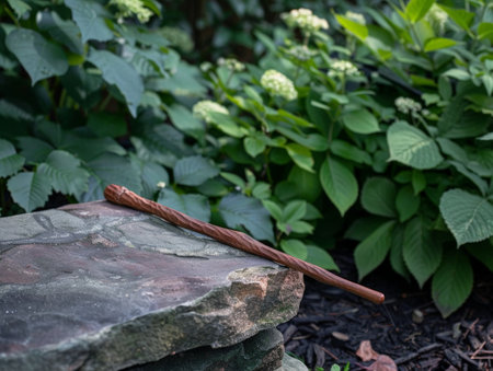 Wooden stick on stone in lush green gardenの素材