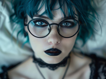 Mysterious woman with blue hair and dark makeupの素材