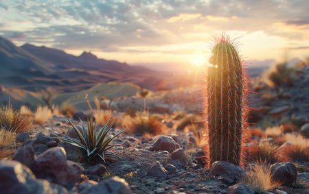 Dramatic sunset over a desert landscape with a towering cactusの素材