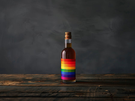 Colorful liquor bottle on wooden tableの素材