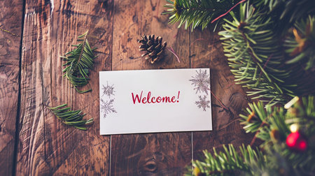 welcome sign with pine branches and pine cone on rustic wooden backgroundの素材