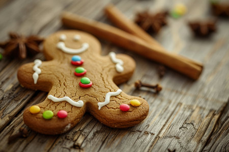 Festive gingerbread man cookie with colorful candiesの素材