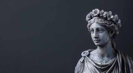 Elegant stone statue of a woman with a floral crownの素材