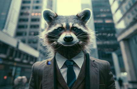 Raccoon in a suit and tie standing in front of a city skylineの素材