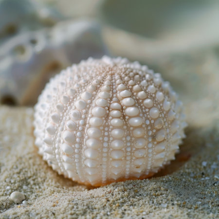 Intricate sea urchin shell on sandy beachの素材