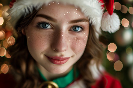 festive woman with sparkling makeup and santa hatの素材