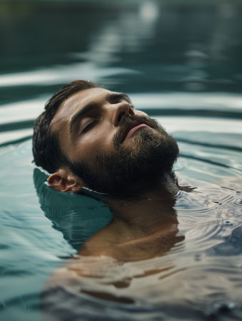 man floating in serene waterの素材
