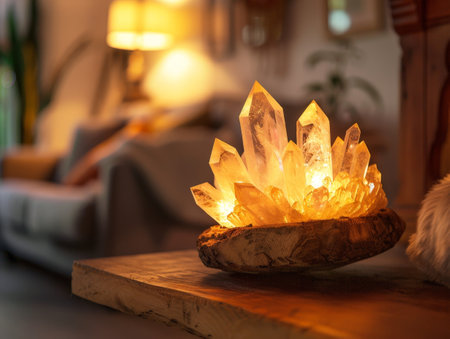 Glowing crystal cluster on wooden surfaceの素材