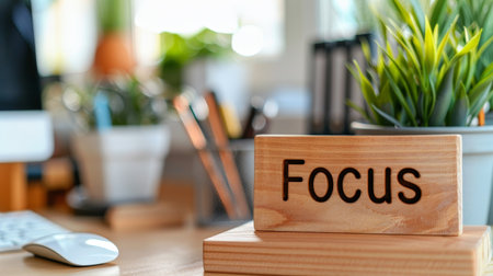 Focused workspace with wooden signの素材
