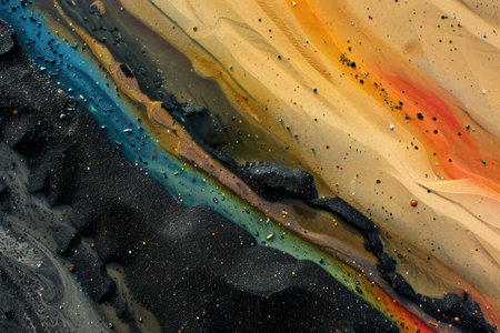 Vibrant abstract art background with colorful fluid shapes and glittering particlesの素材