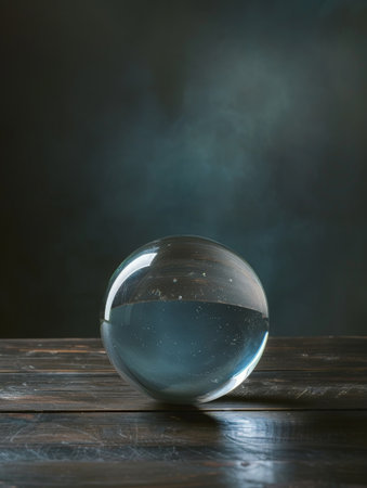 Mysterious glass orb on wooden tableの素材