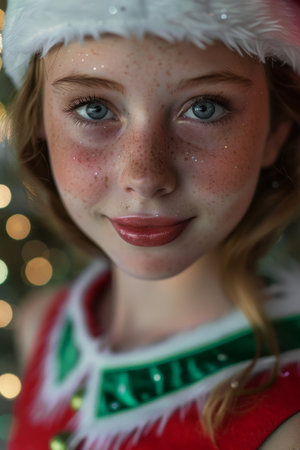 Festive winter portrait of a smiling young woman with freckles and blue eyesの素材