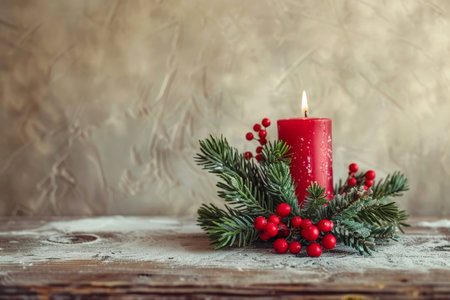 festive christmas candle and greeneryの素材