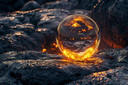 Glowing glass sphere reflecting fiery landscapeの素材