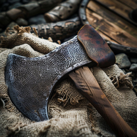 Ornate battle axe on burlap clothの素材