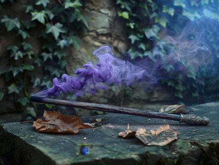 Magical smoke and fallen leaves on a wooden staffの素材