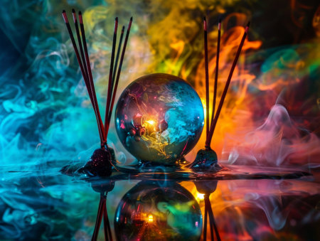 Mystical crystal ball with incense sticks and colorful smokeの素材