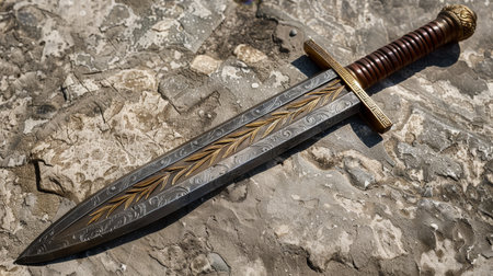 Ornate ceremonial dagger on rocky surfaceの素材