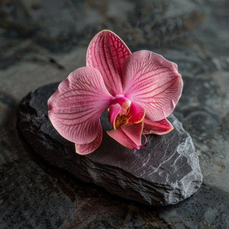 Vibrant pink orchid flower on dark stone backgroundの素材