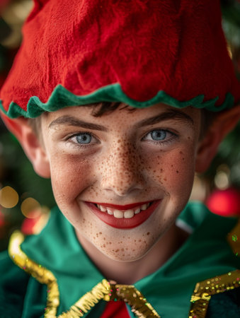 Smiling child in festive elf costumeの素材