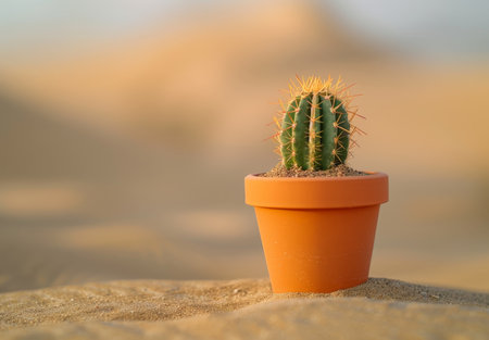 Cactus plant in orange pot on sandy beachの素材