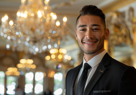 Smiling man in formal attire in front of chandelierの素材