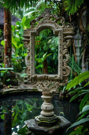 Ornate antique mirror in lush tropical gardenの素材