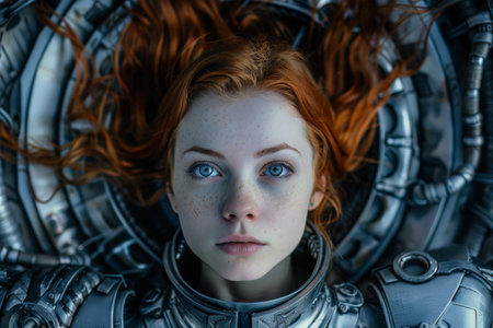 Futuristic woman with red hair in space suitの素材