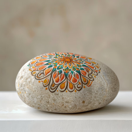 Intricate floral mandala design painted on stoneの素材