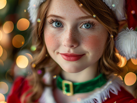 Festive portrait of a smiling woman in a christmas costumeの素材