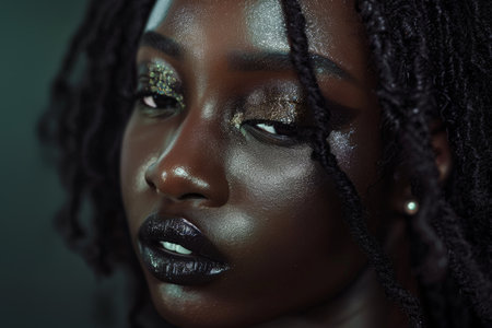close-up portrait of a young woman with glittery makeupの素材