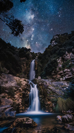 Stunning waterfall under starry night skyの素材