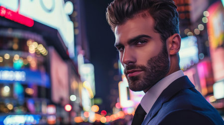 Handsome man in suit posing in city at nightの素材