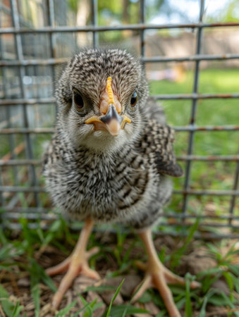 close-up of a curious baby bird in a wire cageの素材