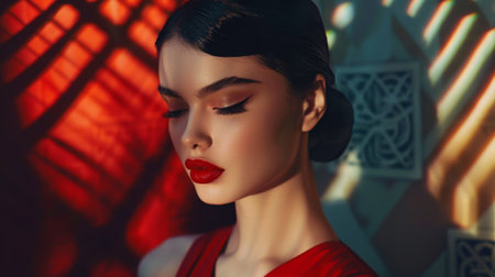 Glamorous woman in red dress with bold makeupの素材