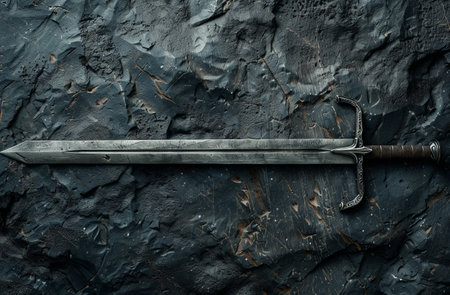 Ornate medieval sword on dark backgroundの素材